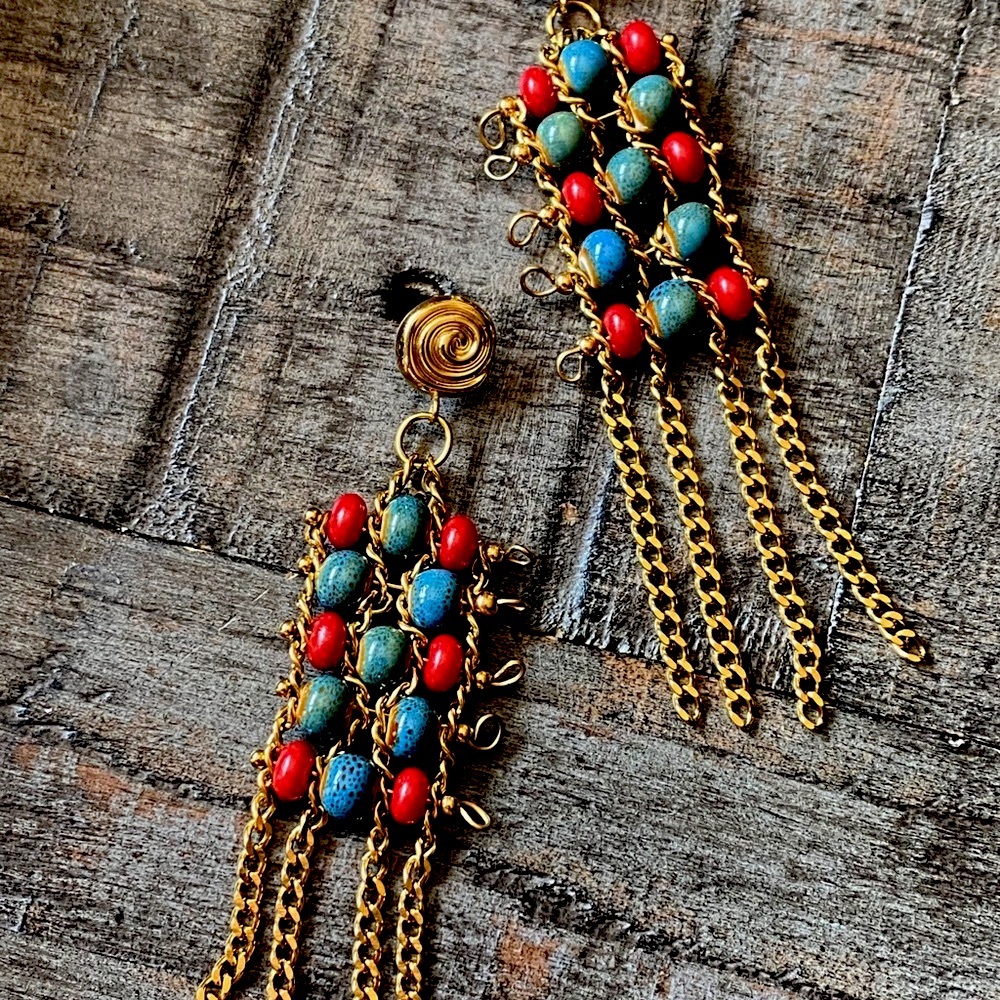 NEW Ceramic Beaded Gold Tassel Earrings - Picture 11 of 13